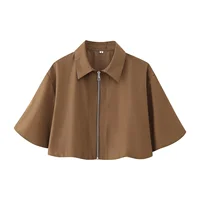 Women's Autumn New Short Zipper Jacket Short Sleeved Top High Waisted Pleated Lantern Flower Bud Half Skirt Set - Image 3
