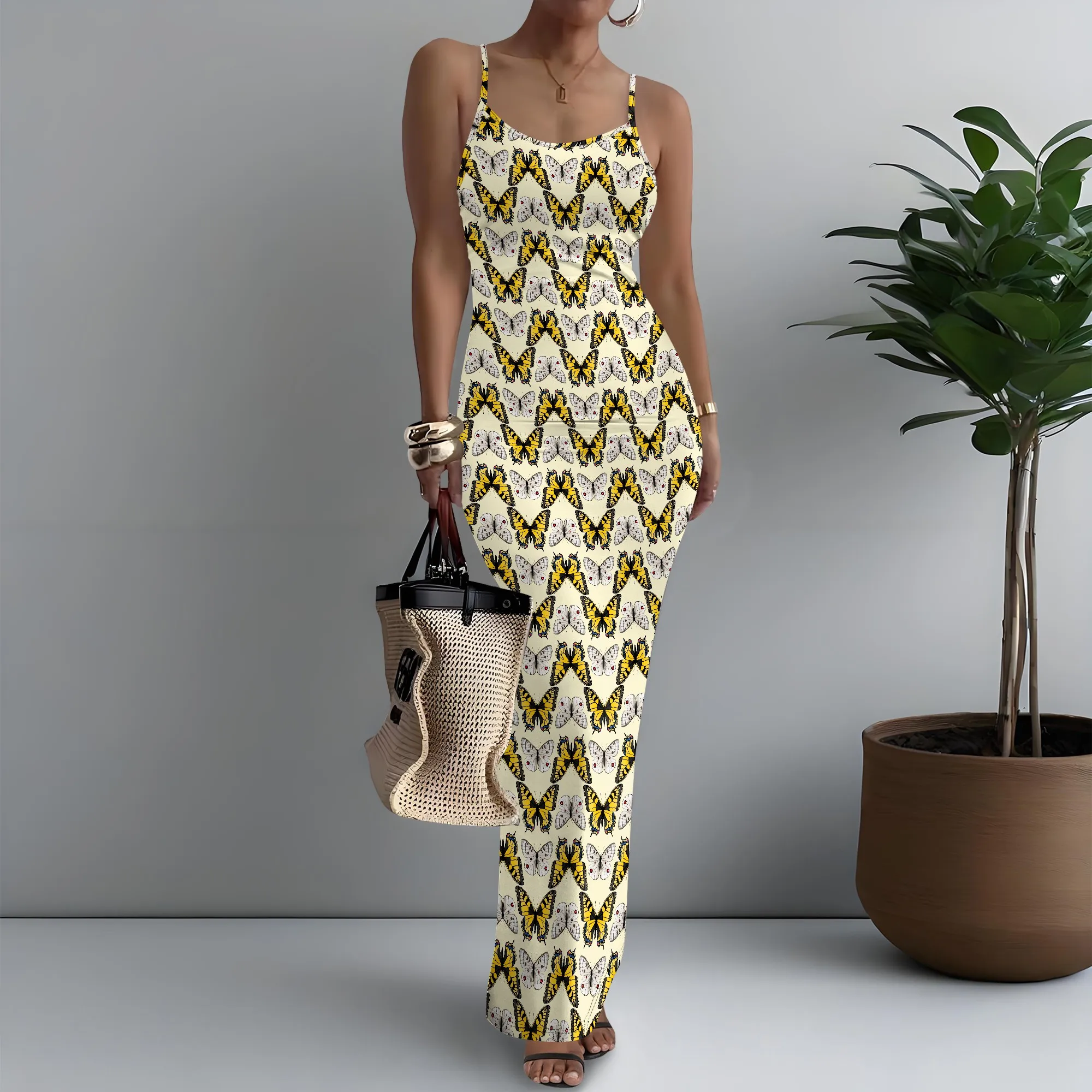 

Women's Spaghetti Strap Maxi Dress Retro Vintage Butterfly Print Nostalgic XS-3XL