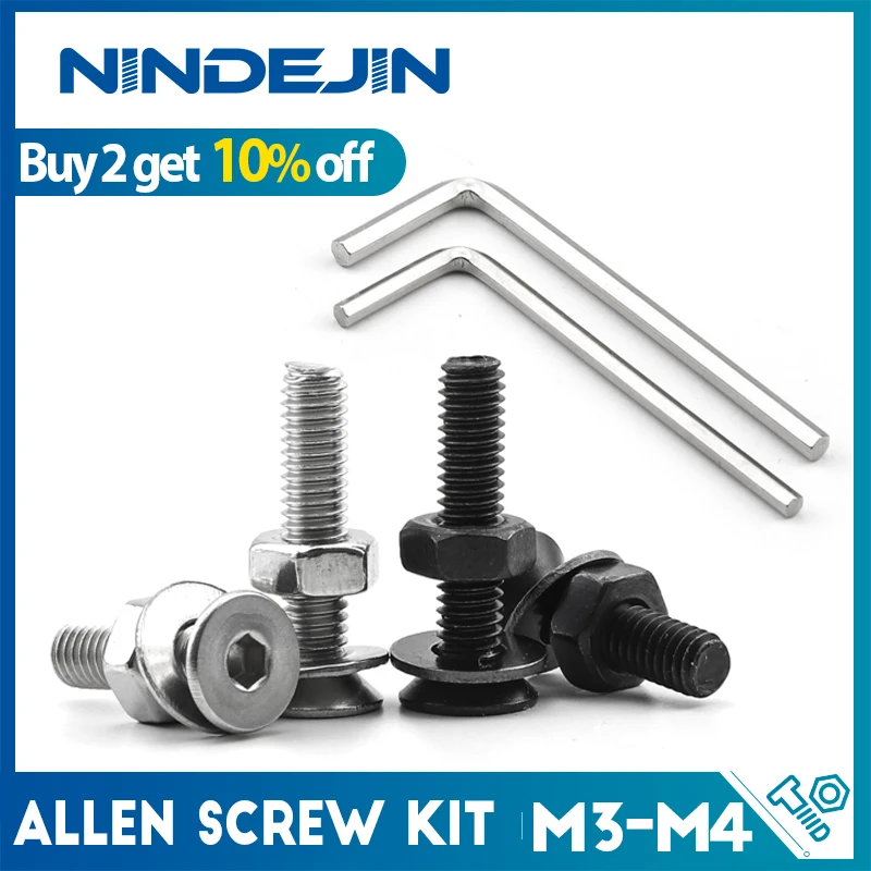 

NINDEJIN M3 M4 Hex Socket Flat Head Allen Screws Assortment Kit with Nuts Washers and Hex Keys Stainless Steel Carbon Steel