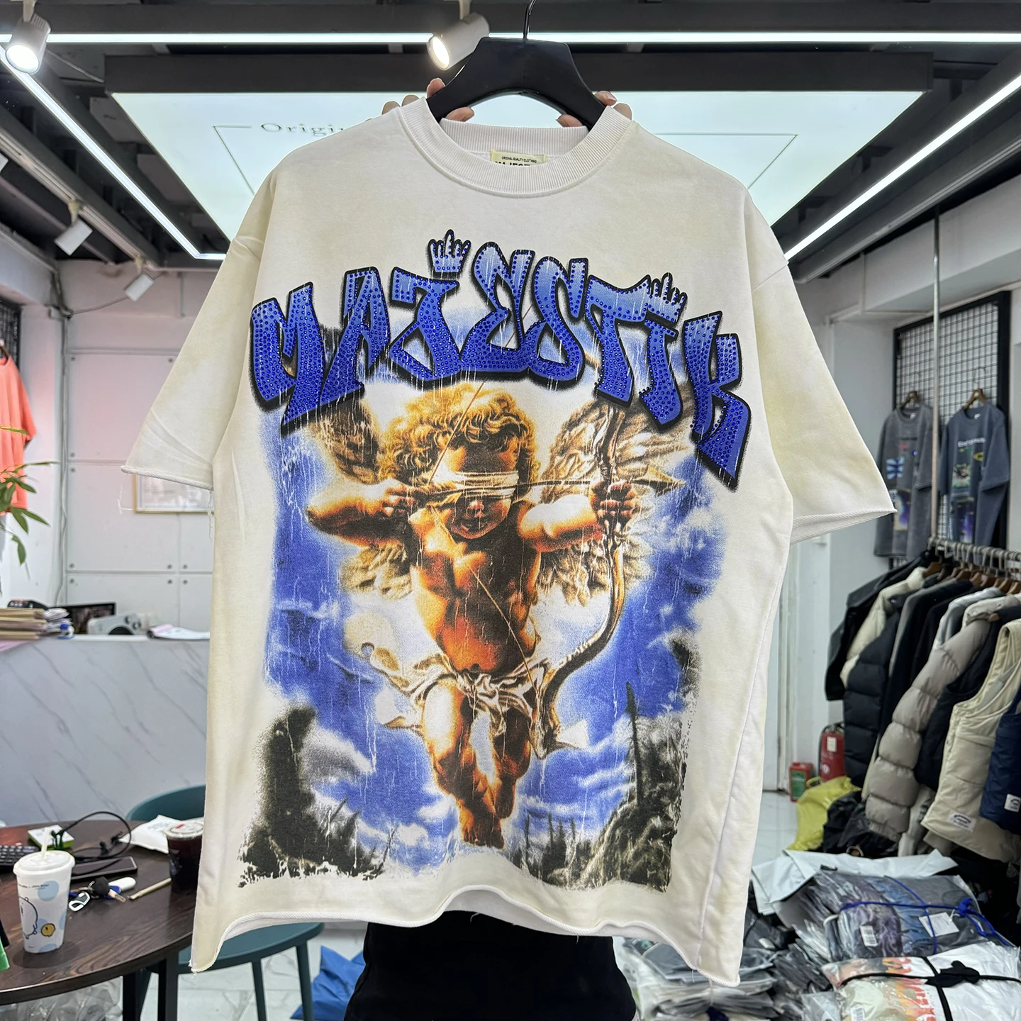 American Street Style Baby Angel French Terry Tee Short Sleeve T-Shirt with Rhinestone Hem Loose Fit Cotton round Neck
