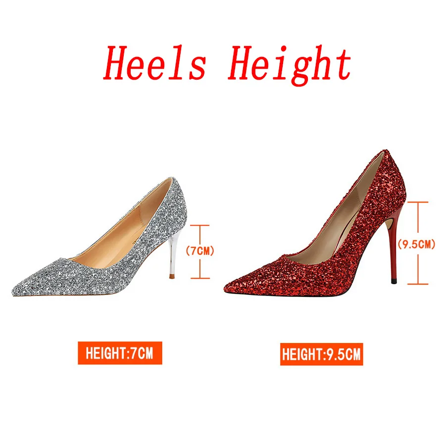 Women 7cm 9.5cm High Heels Pumps Wedding Bridal Scarpins Sparkly Mid Heels Lady Party Sequins Glitter Evening Gold Silver Shoes