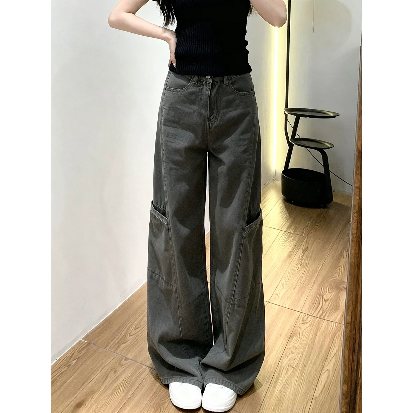Gray American-Style Wide-Leg Cargo Women, Spring 2026 New Model, Suitable For Petite Figures, Casual, Comfortable, Loose,