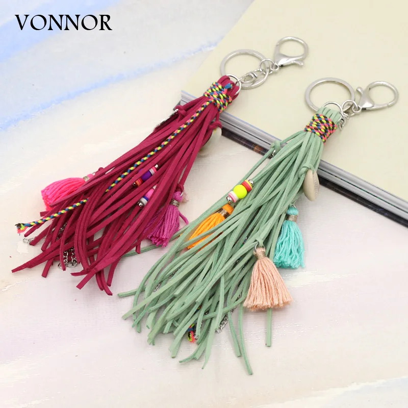 Boho Handmade Keychain for Women Bag Pendant Jewelry Multilayer Velvet Strap Tassel Shell Key Chain Car Hangging Accessories