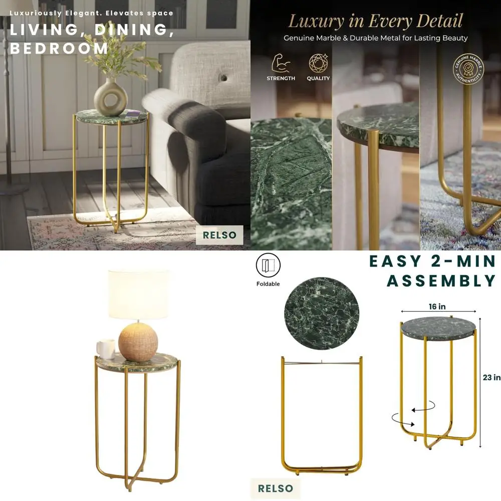 

Круглый приставной столик с зеленой мраморной столешницей и золотой рамой (24 дюйма) - Современный акцентный столик для гостиных и небольших помещений