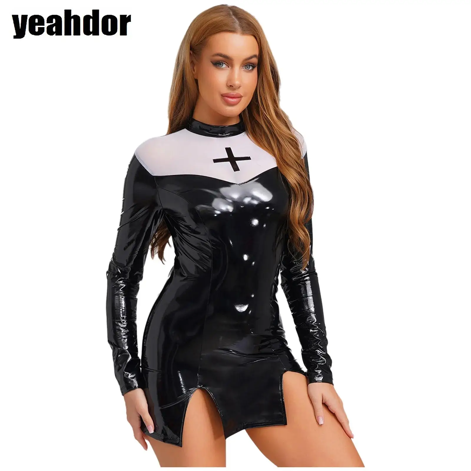 

Women Nun Sister Cosplay Mini Dress Mesh Mock Neck Long Sleeve Slit Hem PU Leather Bodycon Dress Halloween Nun Maid Role Play