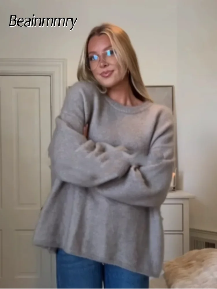 

Casual Women Oversized Mohair-blend Sweater Fashion O Neck Long Sleeve Loose Jacket 2025 Lady Daily Autumn Street Pullover Coat