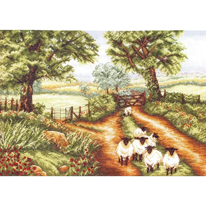 Amishop FREE Delivery Top Quality Popular Counted Cross Stitch Kit Down The Track Sheep Field Tree Flowers Pce948