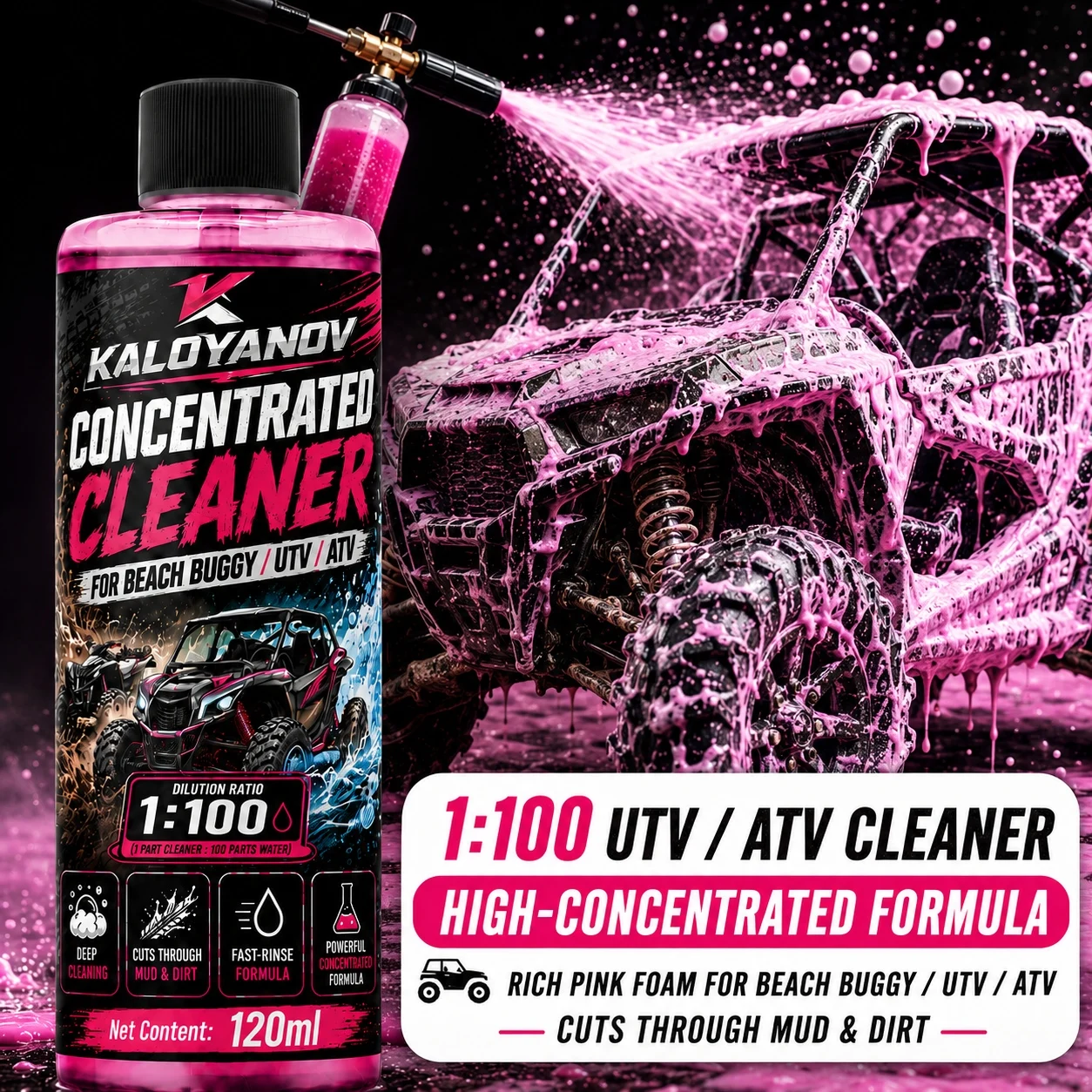 KALOYANOV UTV ATV Wash Cleaner 120ml, 1:100 Concentrated Formula for Mud, Dust and Grime on Beach Buggies and Off-Road Vehicles