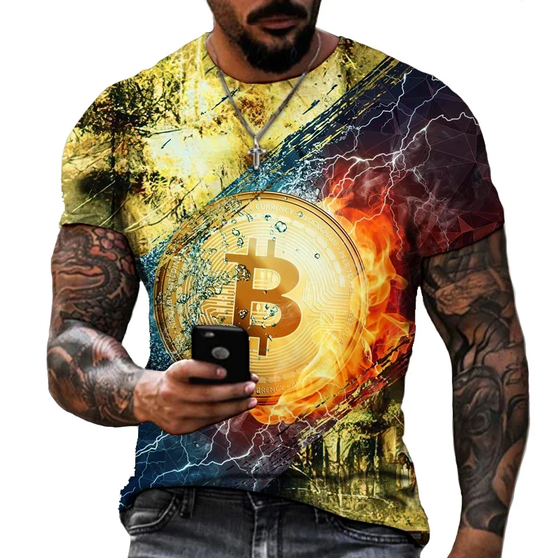 Explosion 2024 Summer New Short Sleeved Bitcoin 3D Printed T-shirt Street Trend Plus Lycra Polyester Top