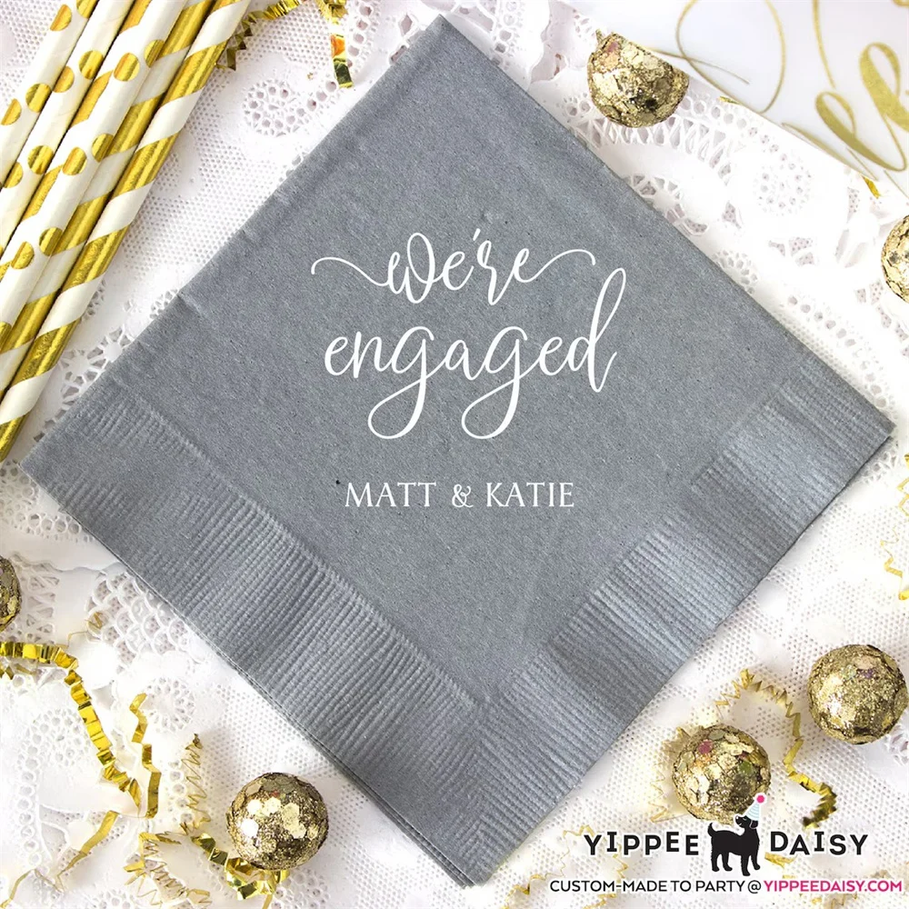 

50PCS We're Engaged, Personalized Cocktail Napkins, Custom Wedding Napkins, Engagement Party Napkins, Wedding Bar Napkins, Brida