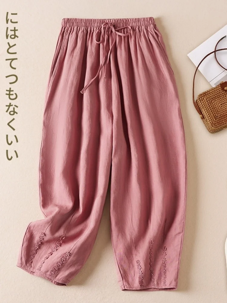 

Ретро-брюки-шаровары из хлопка и льна для женщин, летние, с эластичным поясом, повседневные, свободного кроя, с вышивкой, модель «Восемнадцать капустных овощей»