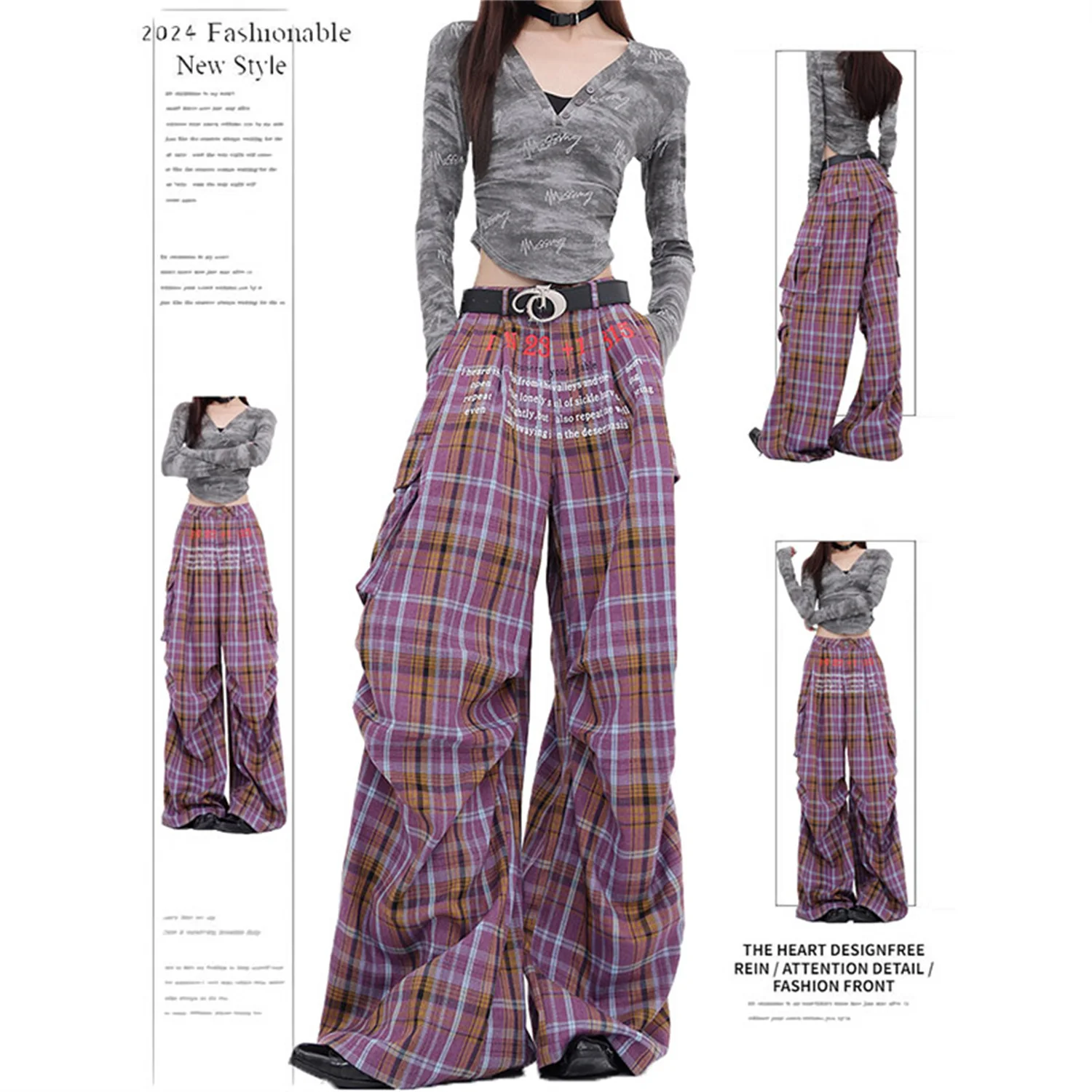 

Women's Y2K Plaid Cargo Pants High Waist Baggy Wide Leg Trousers with Pockets Streetwear Casual