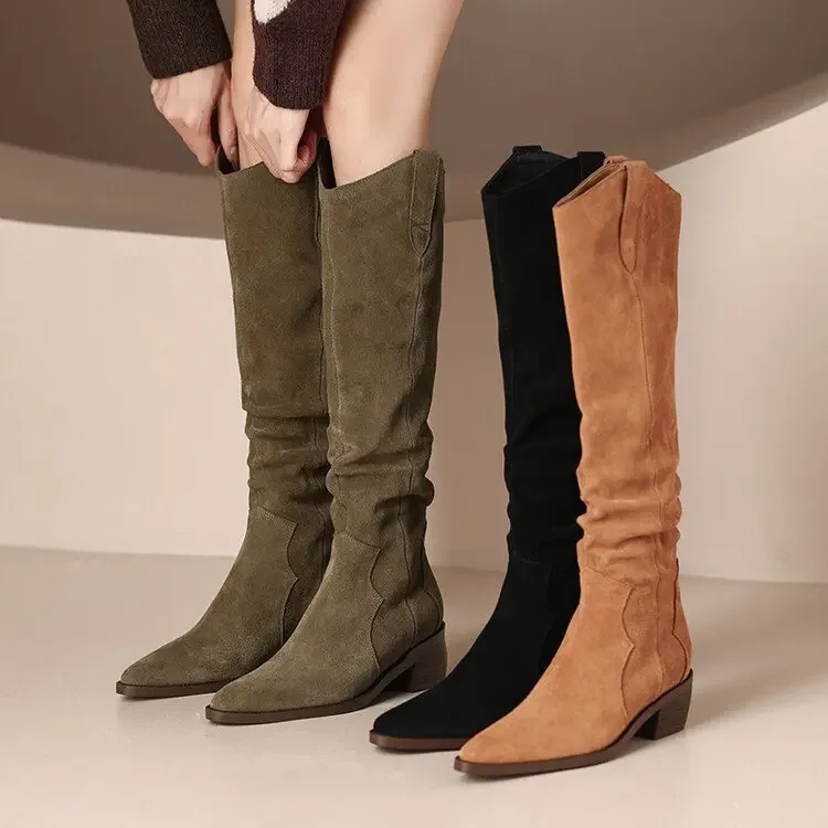 2023 New Brand Elegant Women Boot Autumn Winter Retro Slim Knee Length Boot Pleated ThickHeel Long Boot Western Knight Boot