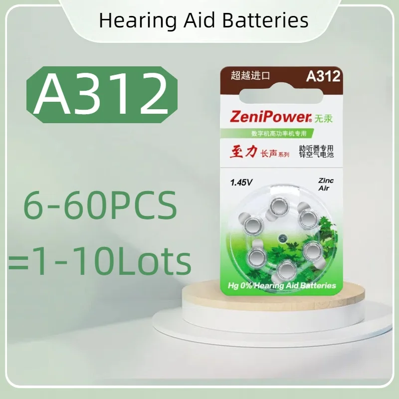 

6-60PCS Zenipower baterías para audífonos A312 312A ZA312 312 PR41 S312 batería de Zinc Air