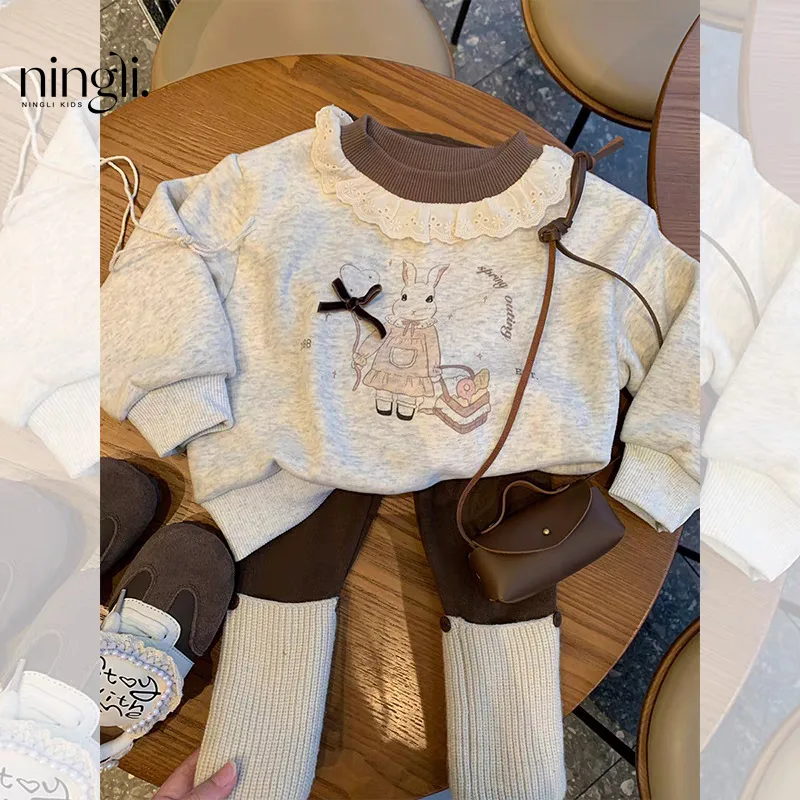 

Girls Suit Brushed Hoody Sweet Cute Autumn and Winter New Autumn and Winter Baby Girl Single-Layer Fleece-Lined Two-Piece Set