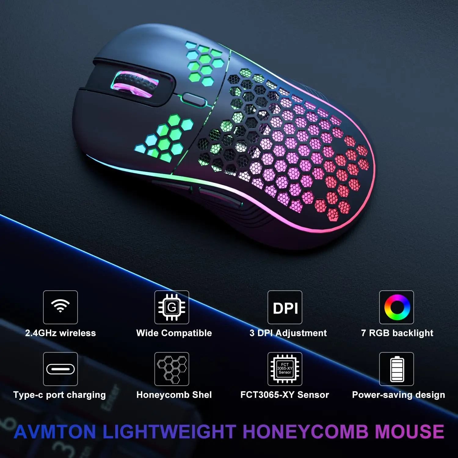 2.4G Wireless Mouse Lightweight Honeycomb Design Rechargeable RGB Backlight Mouse with USB Receiver Adjustable DPI