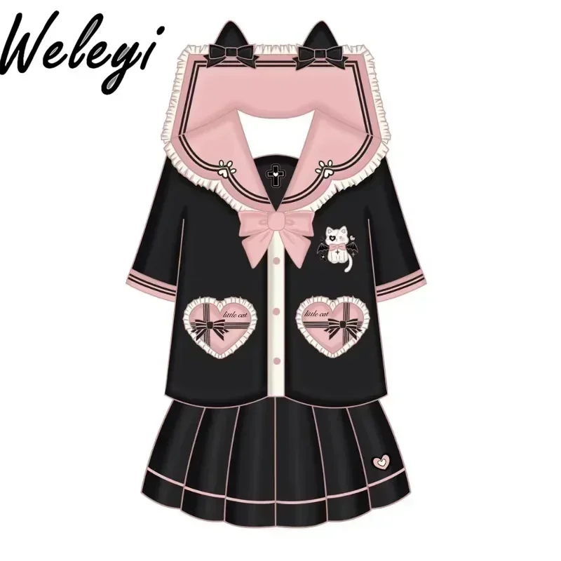 Black Pink Jirai Kei Uniform Suit Ropa Mujer 2024 Spring Super Cutecore Y2k Sailor Sets College Style Sexy Two Piece Set Womens