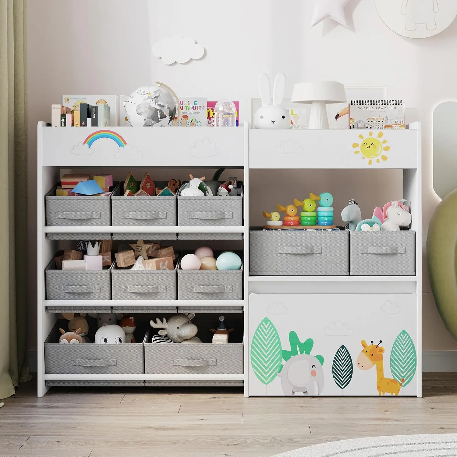 Organizador de armazenamento, estante de brinquedos com 10 caixas de tecido e baú de brinquedo móvel, armário de armazenamento de brinquedos para sala de jogos, quarto, enfermeira