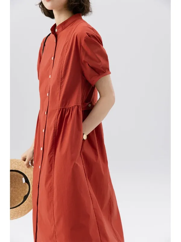 Ele Summer irt Dr Casual Loose Comfortable Artistic Vintage Sle ort Sve Mid-Length Single-Breasted Dr