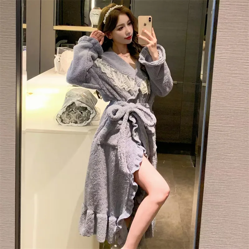 2024 Winter Long Sleeve Thick Warm Flannel Kimono Robes for Women Cute Lace Bathrobes Sleepwear Bath Robe Nightdress Night Dress