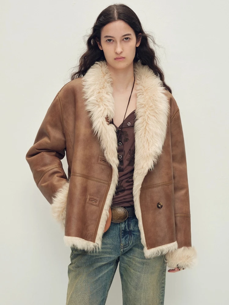 Chaquetas de piel de cordero Toscana de lujo de alta gama para mujer, abrigo de piel auténtica con cuello levantado Simple, ropa de doble cara, abrigo corto de piel auténtica para invierno