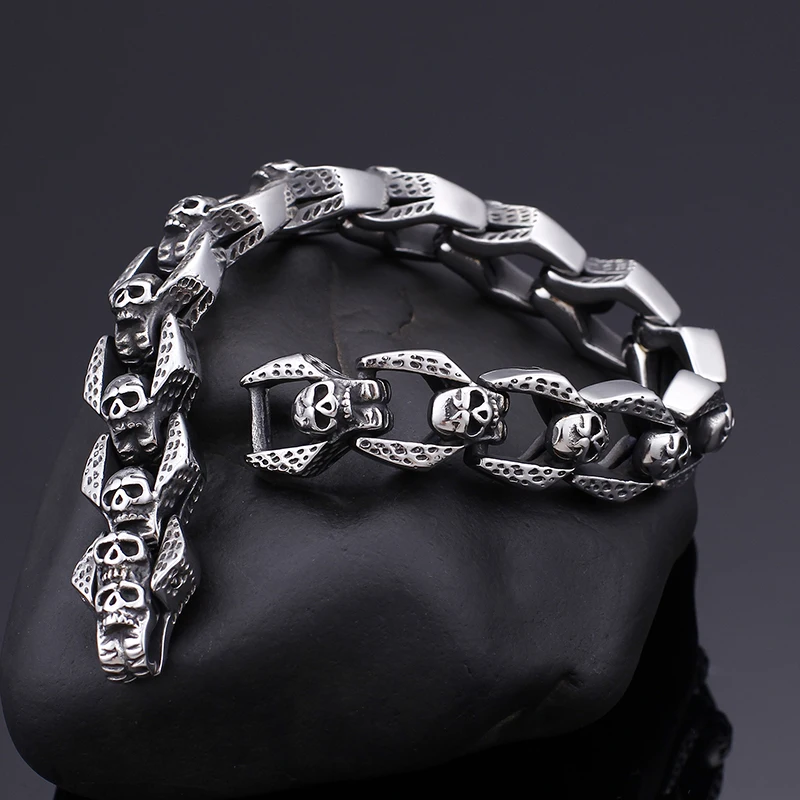 Fongten 22cm Punk Men Bracelet Stainless Steel Skull Wristband Charm Chain Bracelets Bangle Silver Color Gothic Jewelry