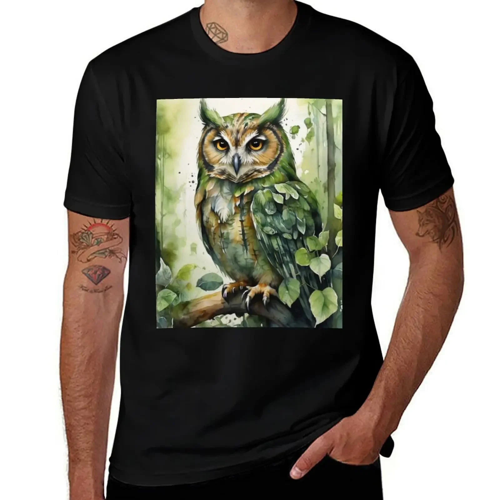 Owl bird in green forest watercolor painting T-Shirt clothes customs design your own mens t shirt