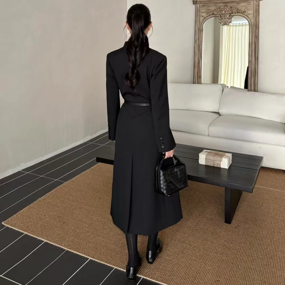 BJTZ Giacca da ufficio con scollo a V da donna Temperamento di media lunghezza per donna 2025 Primavera Autunno Nuovo soprabito femminile a maniche lunghe in tinta unita