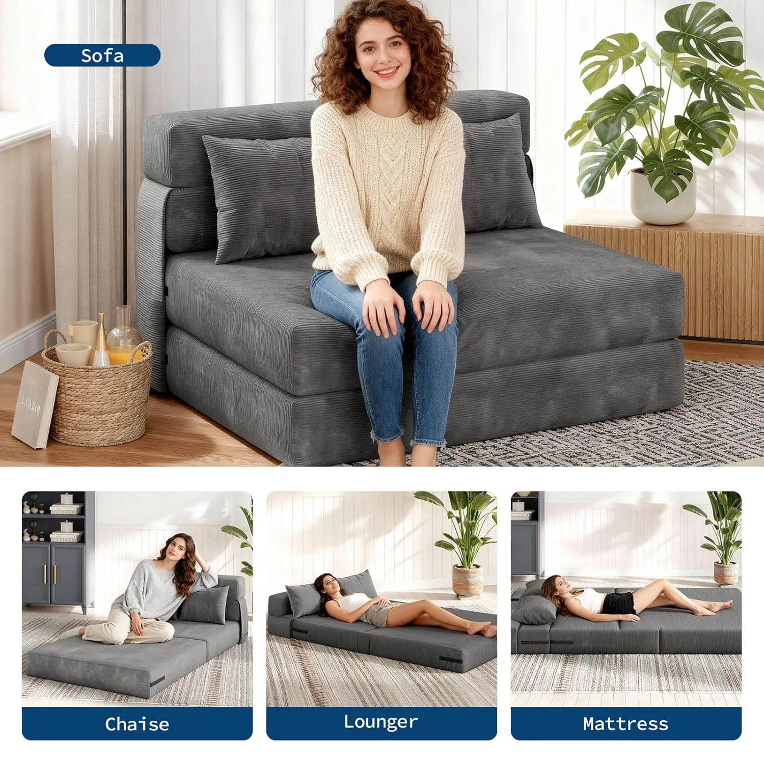 Klappbares Schlafsofa und Stuhlbett, umwandelbares Schlafsofa, ausklappbares Sofa, Couch mit Kissen, getufteter Boden, Lounge für Wohnzimmer, Schlafzimmer – Detail 7