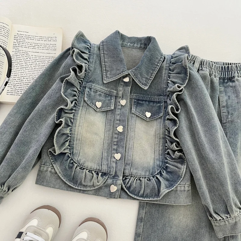 

Spring and Autumn Girls' Denim Suit Fashionable Casual Solid Color2025Denim Jacket and Straight-Leg Pants Two-Piece Set