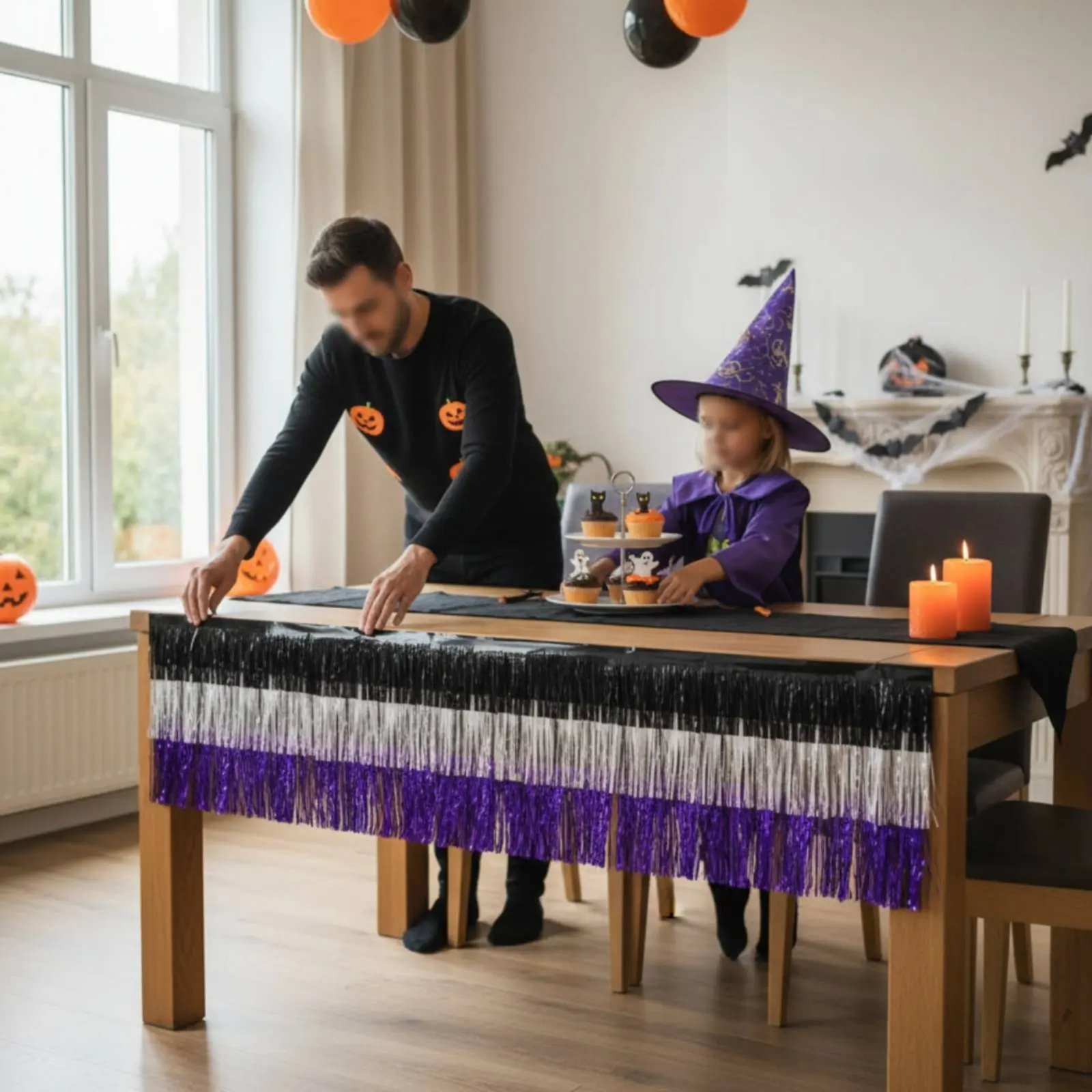 Halloween Table Skirt Versatile Shiny Tinsel Table Skirt Adhesive-Adhesive-Adhesive for Themed Events