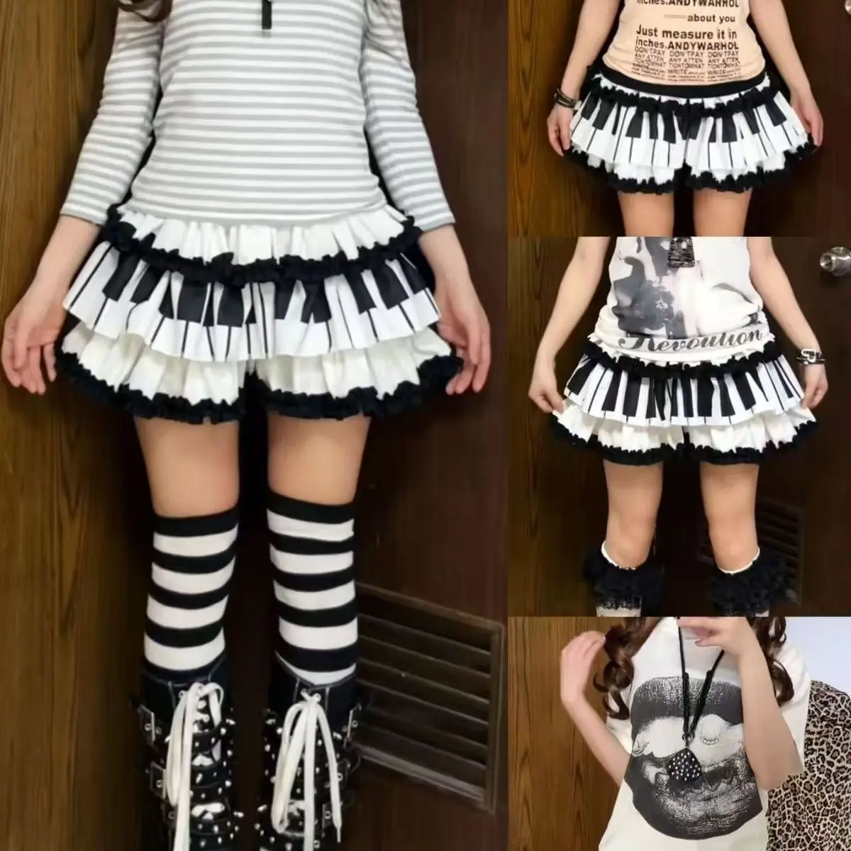 Subculture black and white piano key puffy versatile skirt punk rock mid-vintage style slimming and anti-exposure short skirt