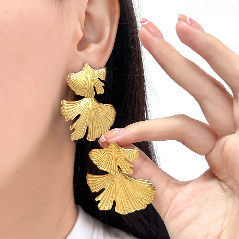 DIY accessories Sweet exaggerated laminated leaf earrings bohemian fan leaf earrings women's stainless steel 18K gold fashion ea