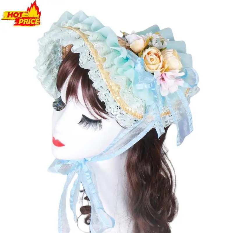 

Шляпа от солнца с кружевными полями и цветком розы, соломенная шляпа с капотом в викторианском стиле для музыкальных фестивалей