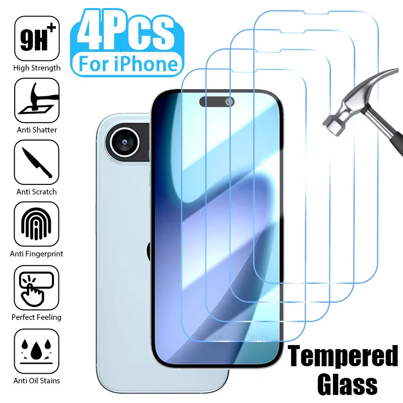 4PCS Protective Glass for iPhone 17 16 15 14 13 12 11 Pro Max 13 12 Mini Screen Protector For iPhone 17 Air 16e 15 14 Plus Glass