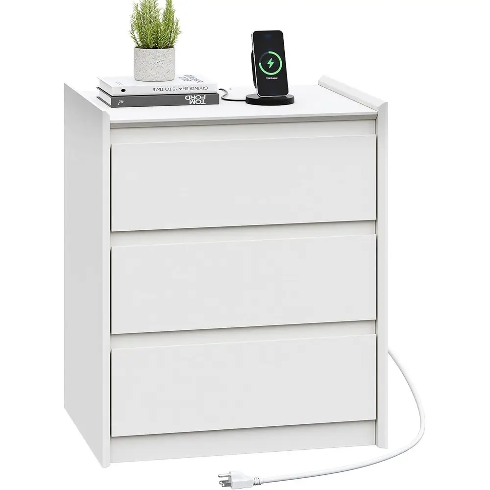 

24 High White Nightstand with Charging Dock, 3-Drawer Table, USB & Type-C Ports, AC Outlets for Bedroom or Living Space