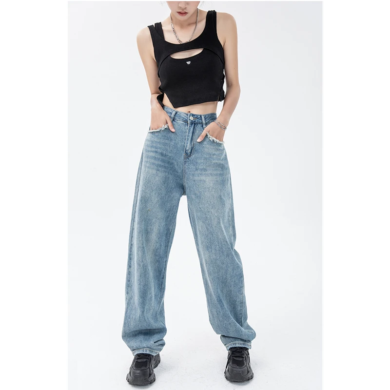 Outono azul calças de brim femininas cintura alta do vintage em linha reta baggy calças de brim streetwear moda simples perna larga mãe calças de brim