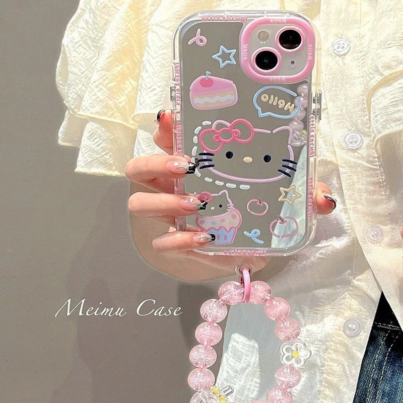 Sanrio Hello Kitty Iphone15 Phone Case Kawaii Anime Mirror Cake Pink 14Promax All Inclusive Phone Shell Girl Heart Gift for Kid