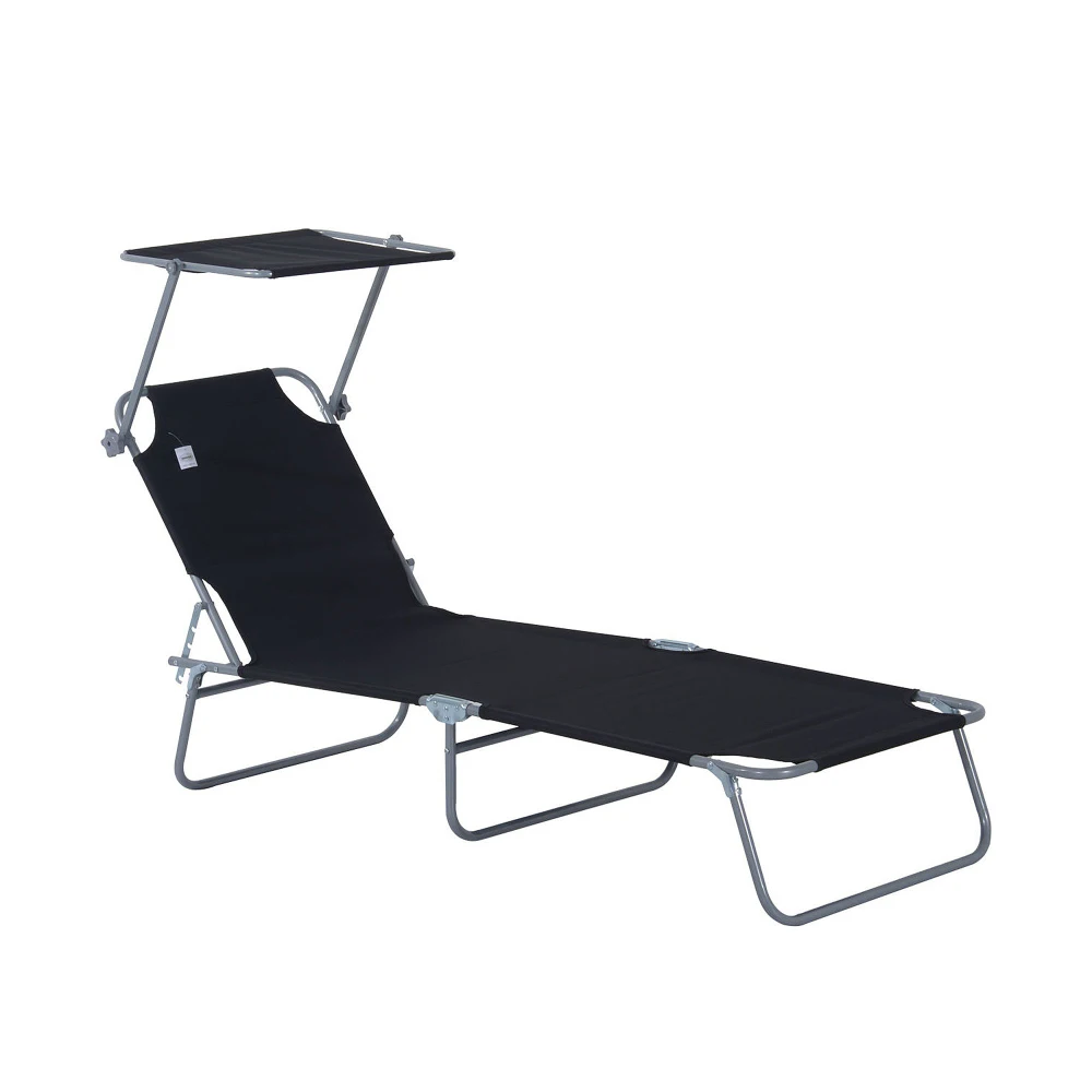 

Outdoor lounge chair, adjustable folding lounge chair, beach shade chair with sun visor, camping, hiking, backyard, black