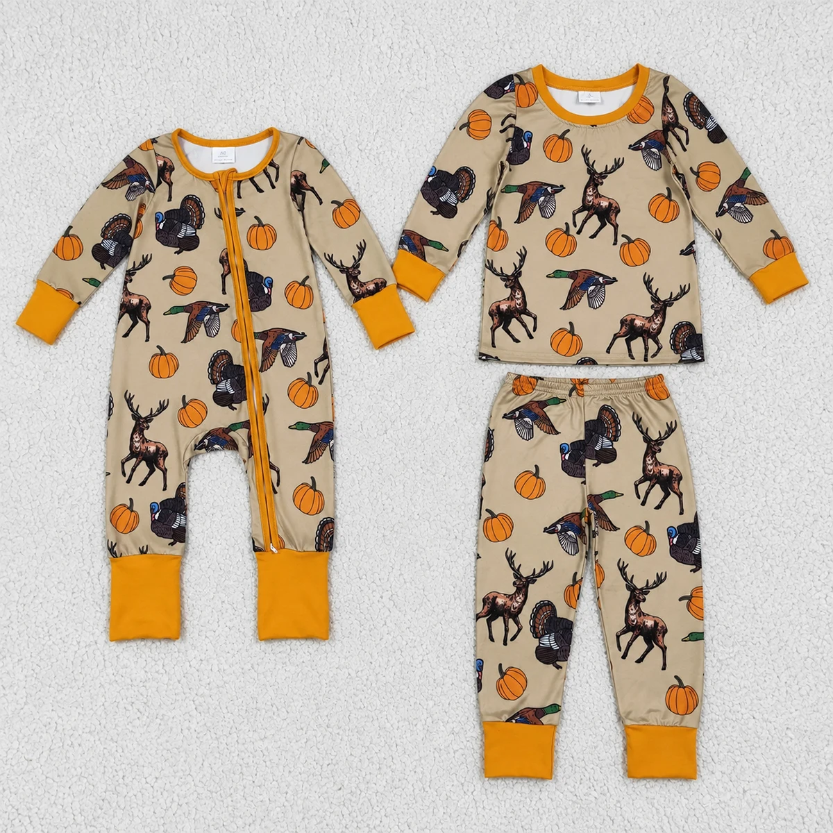 Kids Clothing Sibling Boys Pumpkins Deer Fall Hunting Pajamas Sets Baby Zipper Romper Children Outfits Clothing Wholesale