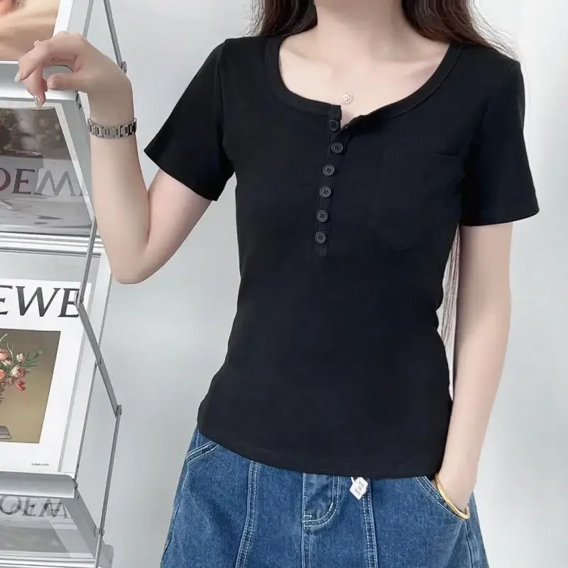 Women's Clothing Summer Short Sleeve Square Collar Tee Shirt Solid Button Pockets Loose Vintage Elegant Fashion Casual Tops