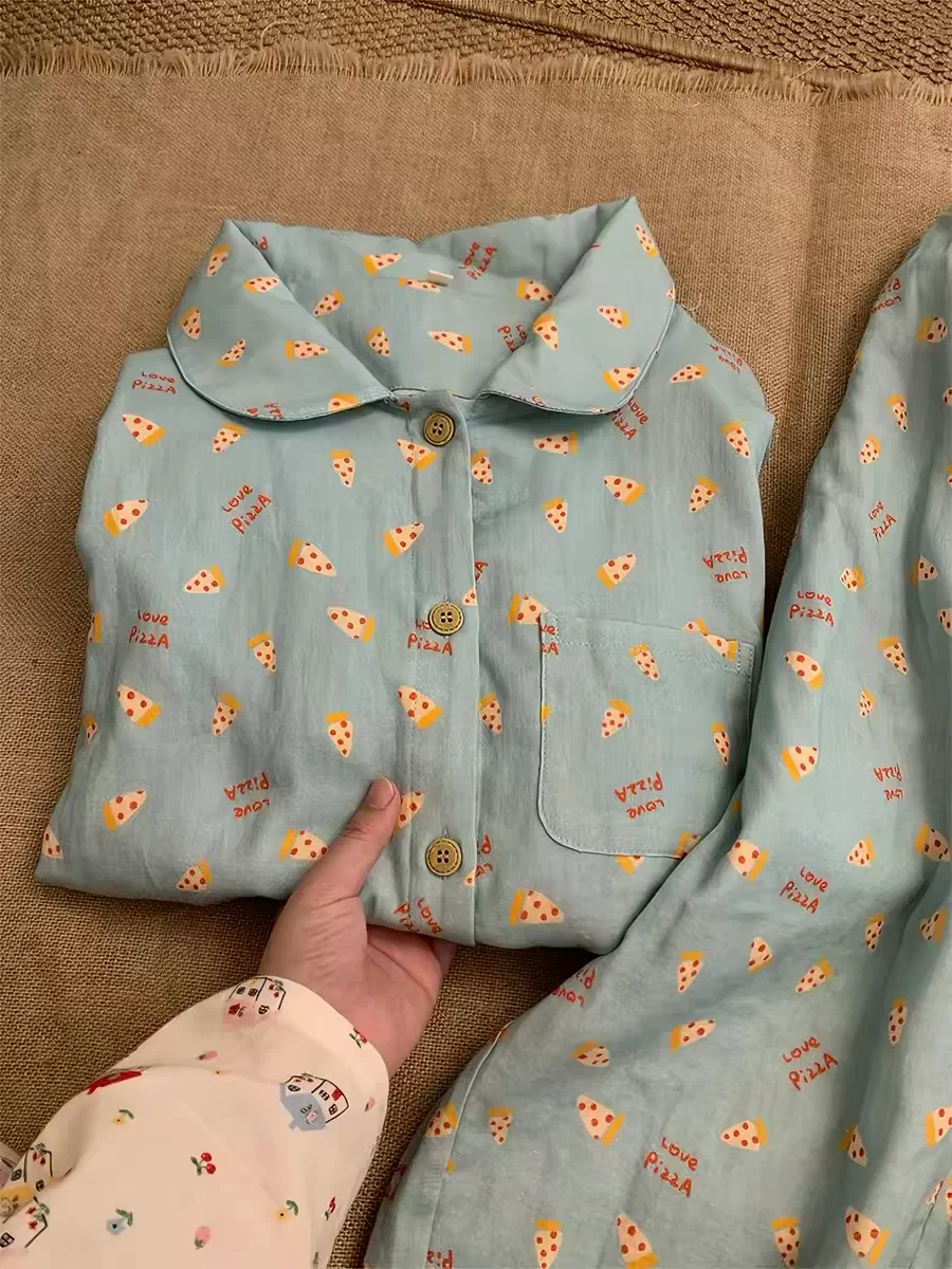 Cute Cartoon Pizza Sleepwear Set Women's Spring Autumn Long Sleeve Loose Casual Home Clothes Two Piece Set Comfortable Cotton