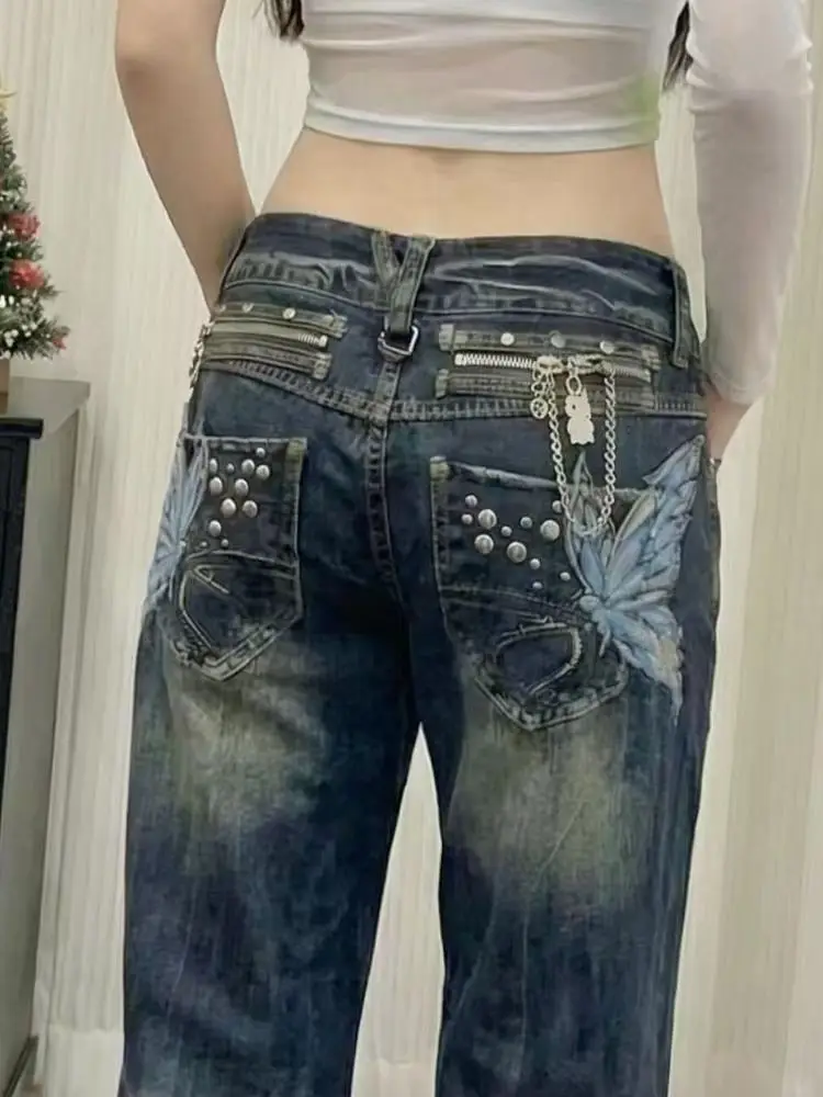 Y2K American Hot Girl Gothic Hip Hop Oversized Butterfly Embroidered Women's Jeans Slim Fashion High Street Flared Jeans