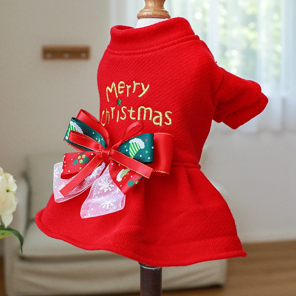 Christmas Dog Princess Dress Autumn Winter Warm Fleece Skirt Christmas Elements Bow Tie Dress Up Small Dog Cosplay Costume