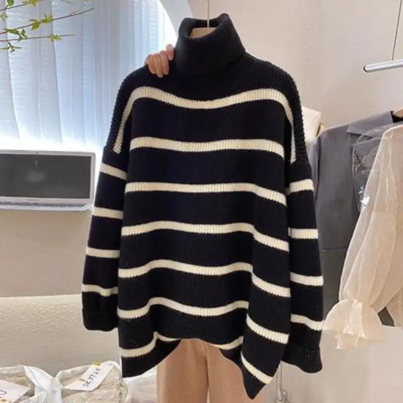 

Striped High Neck Sweater for Women 2025 New Autumn Fashion Lazy Style Loose Female Knit Top Casual Hooded Outerwear