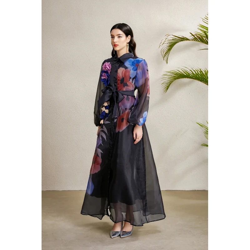 KAROLINA2025 Inizio autunno Stampa floreale Lunga Dr Lanterna Sve Colletto rovesciato Vacanza Dr Ele Silhouette a trapezio