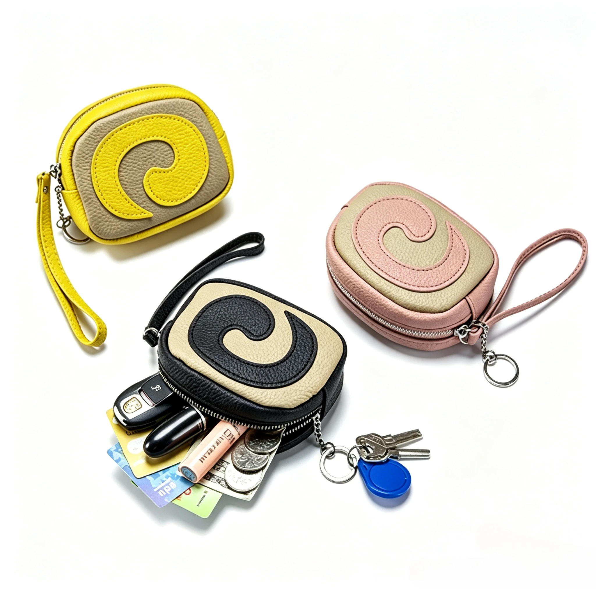 Genuine Leather Coin Purse Zipper Wallet Contrast Color Swiss Roll Style Wrist Strap Keyring Storage Coin Pouch for Cards Keys