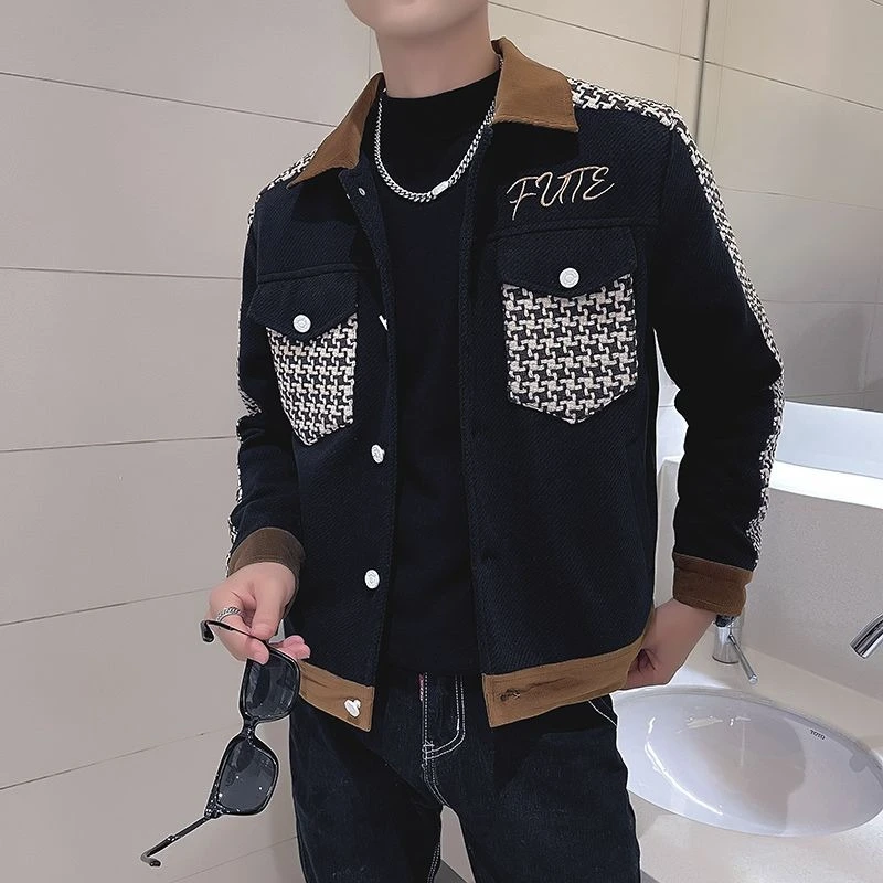 

​ Мужская осенне-зимняя утолщенная куртка-карго с узором «гусиные лапки» и корейским дизайном с лацканами, теплый шерстяной пиджак ​