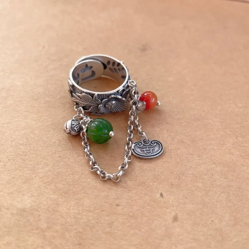 Guochao Style Peony Flower Adjustable Tassel Ring Vintage Ethnic Bohemian Stackable Statement Index Finger Jewelry Gift for Her