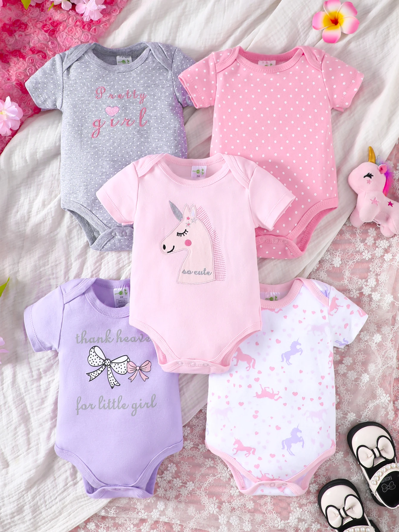 5PCS Spring/Summer New Baby Cotton jumpsuit Fashionable Cute Cartoon Unicorn Series Set for Boys Girls Short sleeved jumpsuit